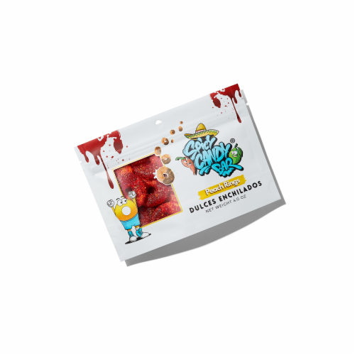 Spicy Candy Bar® Dulces Enchilados Peach Rings Gummy Candy Bag Perspective: front