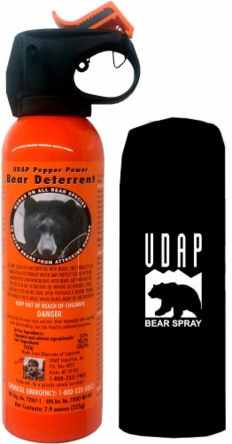 UDAP Safety Orange Bear Spray with Hip Holster Perspective: front