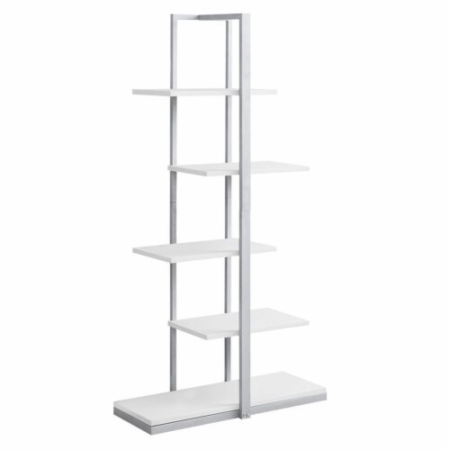 Pemberly Row 5 Shelf Metal Bookcase in White and Silver Perspective: front