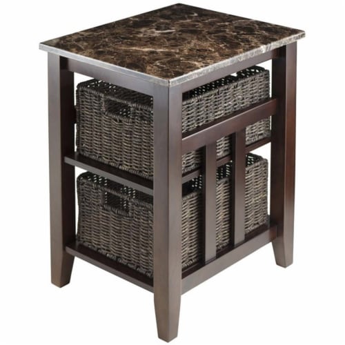 Pemberly Row Faux Marble Top Side Table in Chocolate with 2 Baskets Perspective: front
