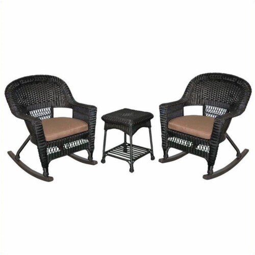 Pemberly Row 3pc Wicker Rocker Chair Set in Black with Brown Cushion 