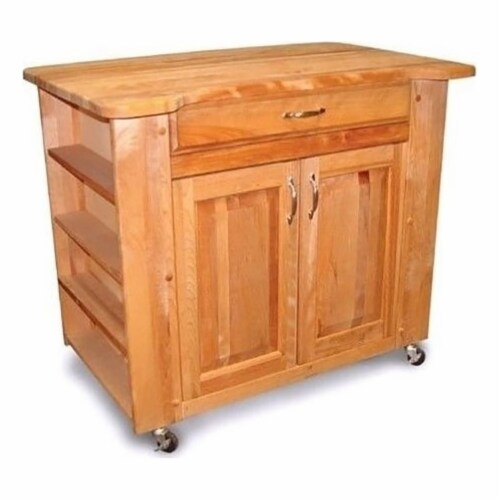 Wood Deep Storage Large Butcher Block Kitchen Cart in Natural Brown - Pemberly Row Perspective: front