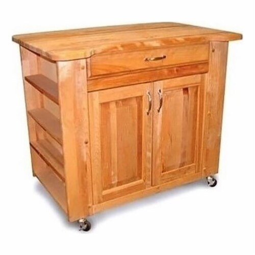 Wood Deep Storage Medium Butcher Block Kitchen Cart in Natural Brown- Pemberly Row Perspective: front