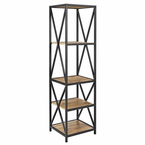 Pemberly Row 4 Shelf Metal and Wood Bookcase in Barnwood Perspective: front