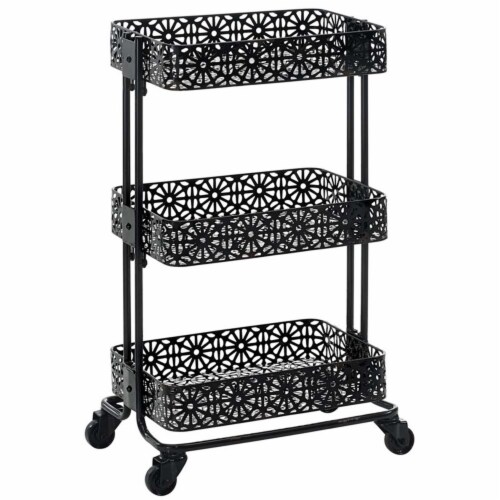 Riverbay Furniture 3 Tier Metal Serving Cart in Distressed Glossy Black Perspective: front