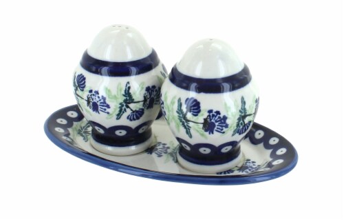 Blue Rose Polish Pottery Sweet Annie Salt & Pepper Shakers with Plate Perspective: front