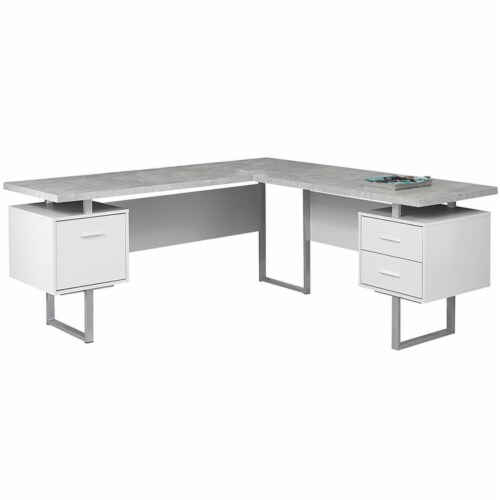 Levan Home L Shaped Corner Computer Desk in White and Gray Cement Perspective: front