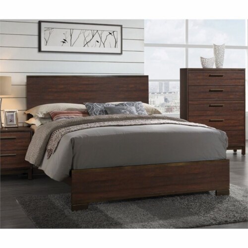 Stonecroft Evans Queen Panel Bed in Rustic Tobacco and Dark Bronze Perspective: front