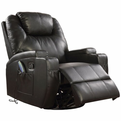 Bowery Hill Faux Leather Massage Rocker Recliner with Swivel Base in Black Perspective: front