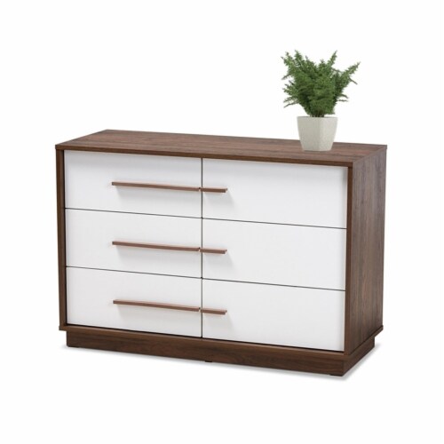 Levan Home Mette Mid-Century 6-Drawer Wood Dresser in White and Walnut Perspective: front