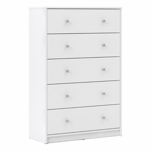 Levan Home Contemporary 5 Drawer Engineered Wood Chest/Bedroom Dresser in White Perspective: front