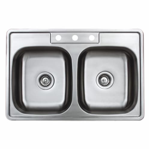 Wells Sinkware SST3322-55-ADA-1 33 in. 20 Gauge Drop-in 3-Hole 50-50 Double Bowl ADA Complian Perspective: front