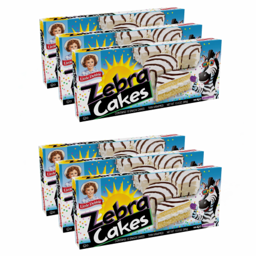 Zebra Cakes, 6 Boxes, 30 Twin-Wrapped Yellow Cakes with Crème Filling and White Icing Perspective: front