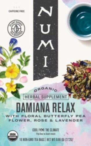 Numi Damiana Relax Organic Herbal Tea Bags Perspective: front