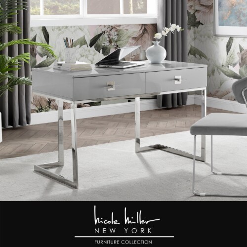 Moana Desk-2 Drawers-Hight Gloss Lacquer Finish-Polished Stainless Steel Base light Perspective: front