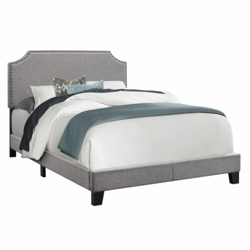 Bed, Full Size, Platform, Bedroom, Frame Linen Look, Wood Legs, Grey, Chrome, Transitional Perspective: front