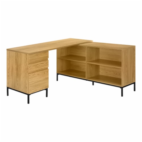 Home Office, Corner 60 l, L Shape, Work, Laptop, Metal, Laminate, Brown, Black, Perspective: front