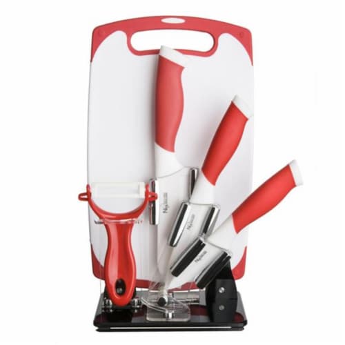 New England Cutlery 84065 Ceramic Knife Set, White & Red - 6 Piece Perspective: front