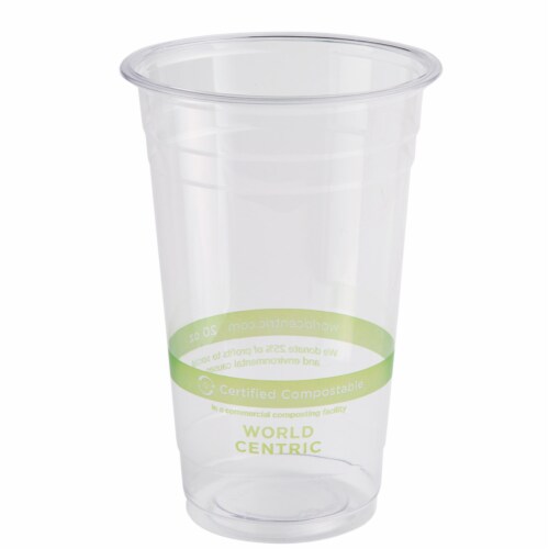 World Centric's Compostable Corn PLA Cold Cup Combo: 20 Ounce PLA Cups (CP-CS-20), PLA Lids Perspective: front