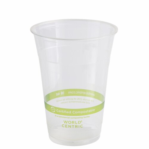 World Centric's Compostable Corn PLA Cold Cup Combo: 16 Ounce PLA Cups (CP-CS-16), PLA Lids Perspective: front
