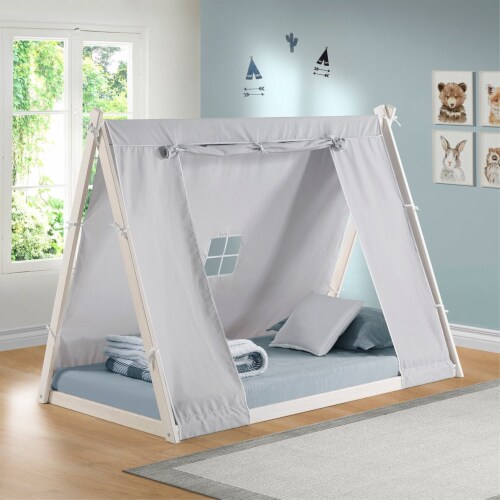 Kid s Tent Twin Floor Bed White Frame Grey Tent 1 Harris Teeter