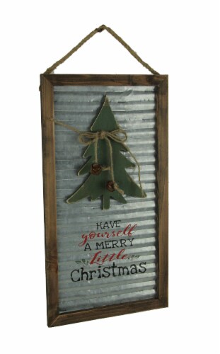 Wood Framed Metal Rustic Merry Little Christmas Tree Seasonal Decor Wall Hanging Perspective: front
