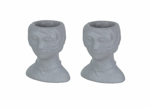 Set of 2 Roaring 20's Flapper Lady Gray Concrete Head Mini Planter 6 Inches Tall - Grey Perspective: front