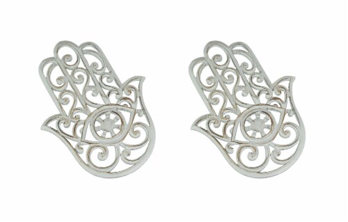 Set of 2 Hand Carved White Wood Hamsa Wall Hangings Plaques 11.75 Inches High - White Perspective: front