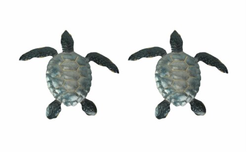 Set of 2 Blue Galvanized Metal Sea Turtle Wall Art Hanging Sculpture Home Decor Perspective: front