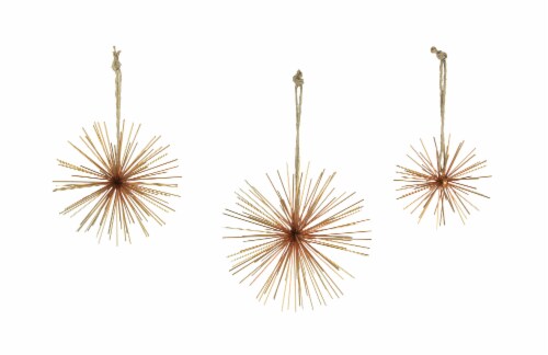 Brass Finish Metal Bursting Star Decorative Hanging Ornaments Set of 3 Rope Hangers Perspective: front