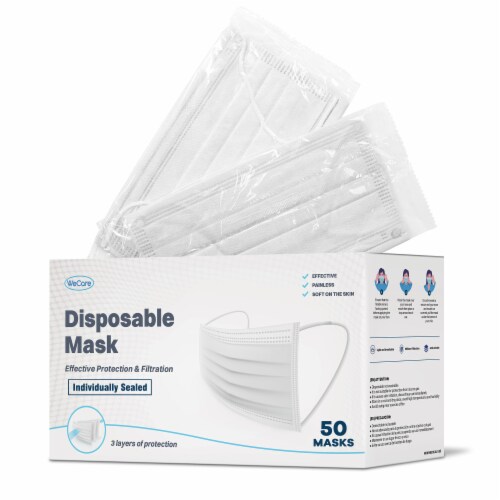 WeCare Individually Wrapped Face Masks, Pack of 50, White Perspective: front