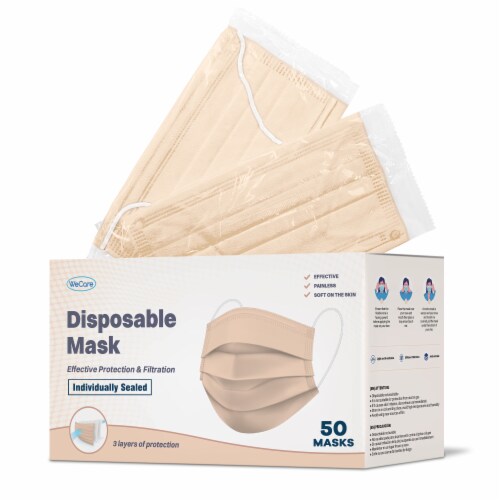 WeCare Individually Wrapped Face Masks, Pack of 50, Nude Perspective: front