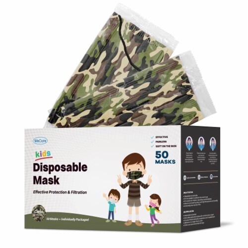 WeCare Individually Wrapped Kids Face Masks, Pack of 50, Camo Perspective: front