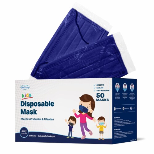 WeCare Individually Wrapped Kids Face Masks, Pack of 50, Navy Perspective: front