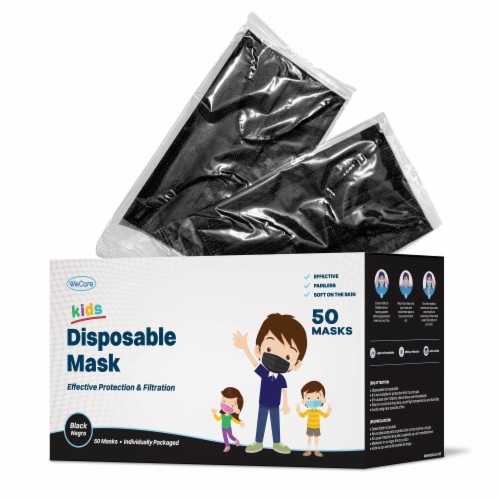 WeCare Individually Wrapped Kids Face Masks, Pack of 50, Black Perspective: front
