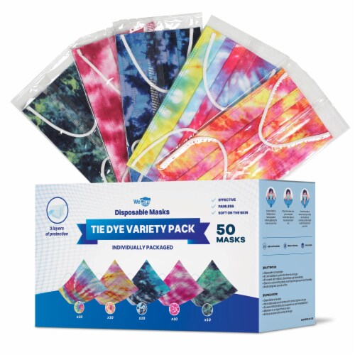 WeCare  Individually Wrapped Disposable Face Masks, 50 Pack, Assorted Tie Dye Perspective: front