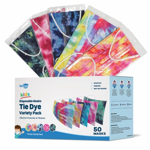 WeCare Individually Wrapped Kids Face Masks, Pack of 50, Assorted Tie Dye Perspective: front