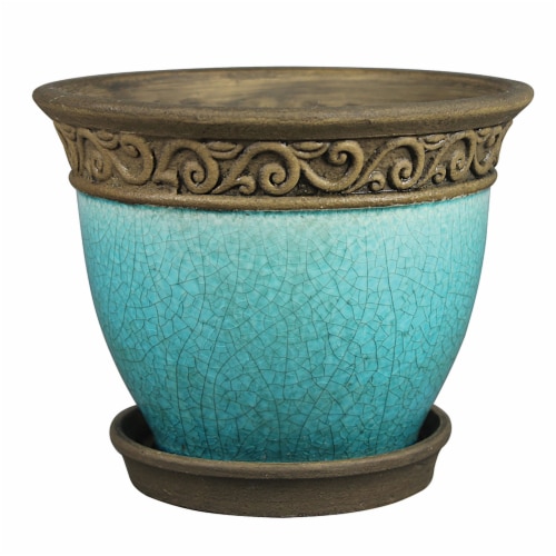 Southern Patio Cadiz 8 Diameter Crackled Ceramic Planter Pot with Saucer, Teal Perspective: front