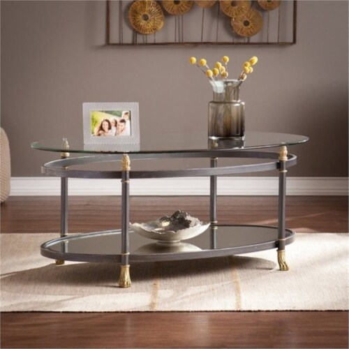 Bowery Hill Oval Glass Top Coffee Table in Gold Perspective: front