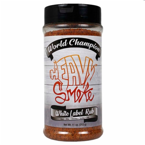Heavy Smoke White Label BBQ Rub and Seasoning 11 Oz Bottle For Pork Ribs Chicken Perspective: front