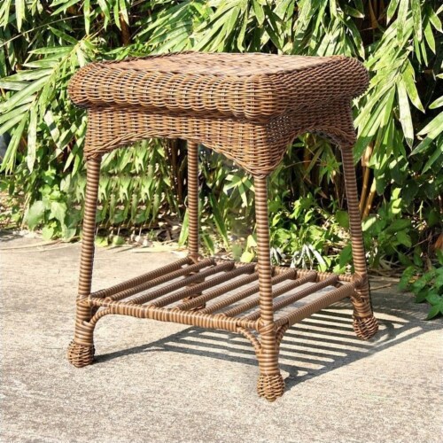 Outdoor Side Table Patio Wicker Coffee Table Outdoor End Table Rattan Bistro Table With Storage & Black Glass Table Top Round For Outside