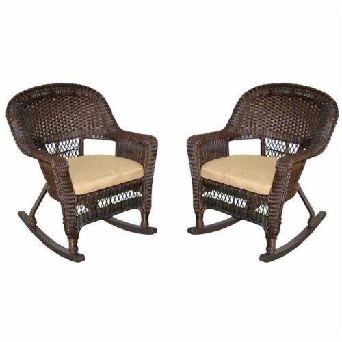 Jeco Rocker Wicker Chair in Espresso with Tan Cushion Set of 2
