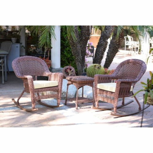 Jeco W00205R-C-2-RCES001 Honey Rocker Wicker Chair Set with Ivory Cushion - 3 Piece Perspective: front