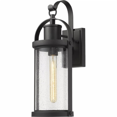 Z-Lite Roundhouse 20  Seedy Glass Aluminum Outdoor Wall Sconce in Black Perspective: front