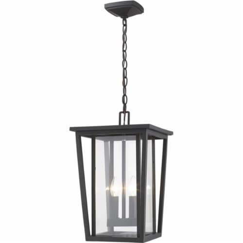 Z-Lite Seoul 2 Light Clear Glass Aluminum Outdoor Pendant in Bronze Perspective: front