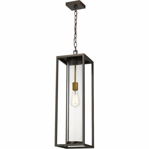 Z-Lite Dunbroch Clear Glass Aluminum Outdoor Pendant in Deep Bronze and Brass Perspective: front