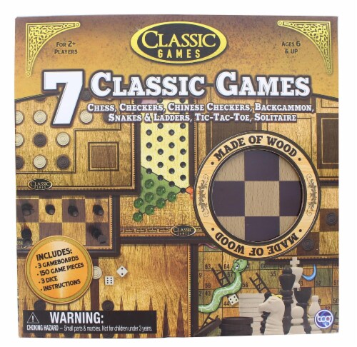 Classic Games Wood 7 Classic Games Set | 3 Boards & 150 Game Pieces Perspective: front