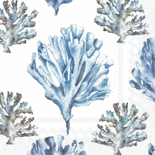 Boston International Blue Coral Print White Cocktail Paper Napkins Perspective: front