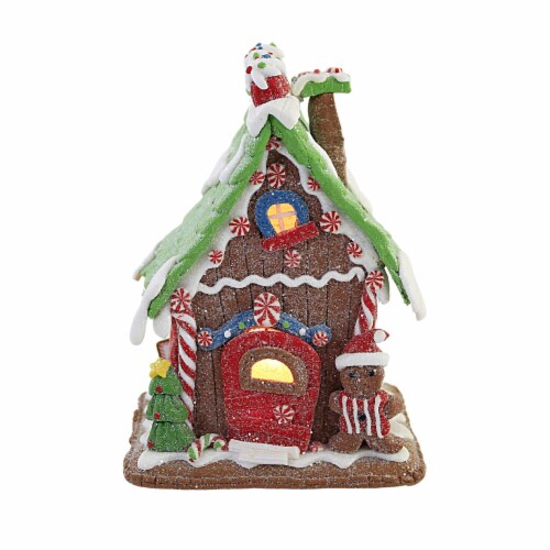 Christmas Gingerbread House With Led Clay Table Top Lighted Gbj0021 Green Perspective: front
