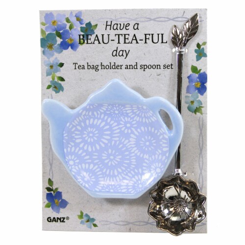 Tabletop Teabag Holder & Spoon Set Ceramic Mother's Day Er61860 Blue Perspective: front